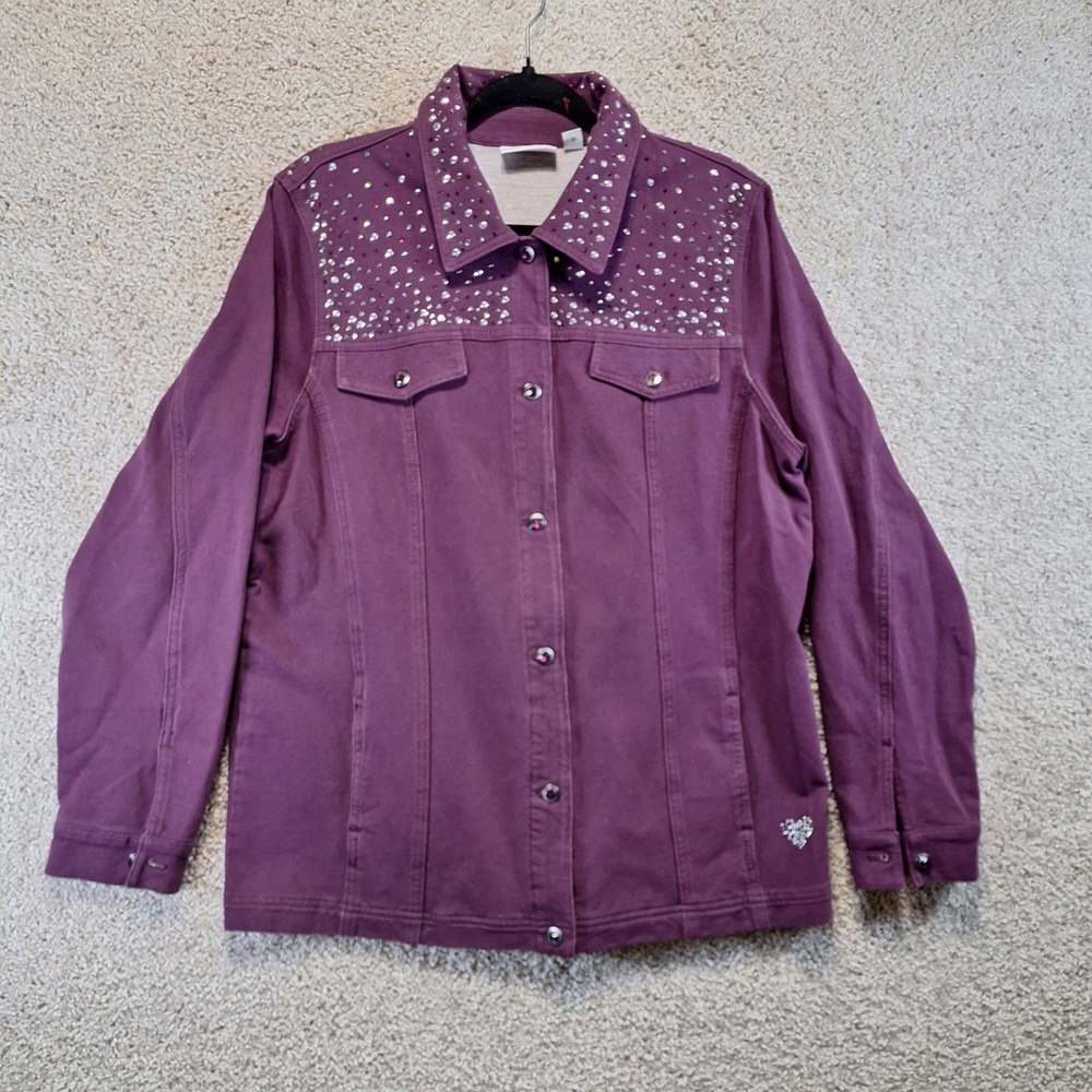 Quacker Factory Jacket Womens L Purple DreamJeannes Rhinestone Bling Denim Style